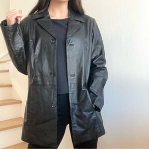 Vintage Outbrook Black Leather Button Front Long Blazer Jacket Coat Size Large